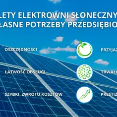 Panele słoneczne na tle błękitnego nieba z chmurami, z ikonami symbolizującymi oszczędności, ekologię i niezależność.