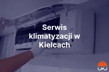 Ręka w białej rękawiczce naprawia klimatyzator. Napis: Serwis klimatyzacji w Kielcach.